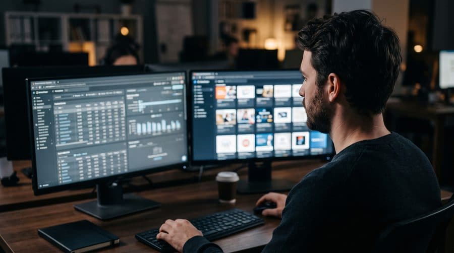 Media buyer reviewing campaign performance across two monitors
