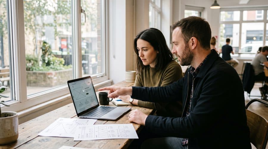 Designer and strategist reviewing a landing page on a laptop