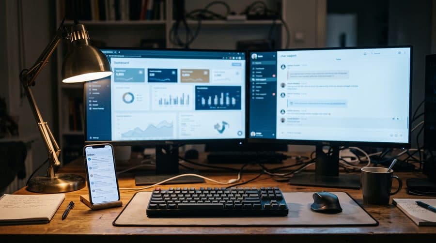 Two monitors showing reporting dashboards and a support inbox