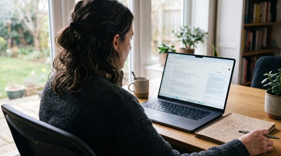 Strategist reviewing search results and an AI answer panel